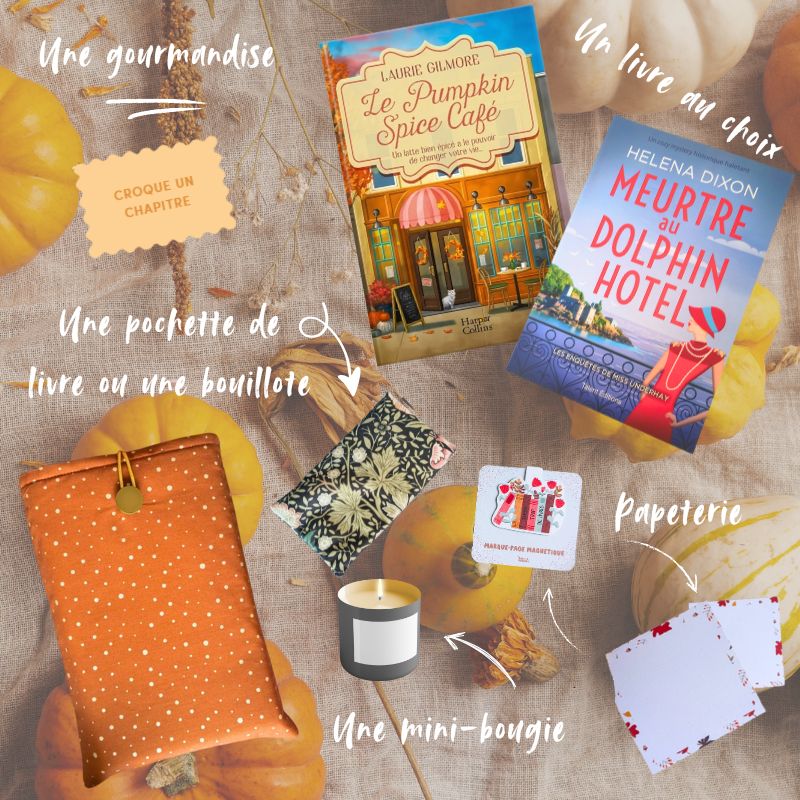 Contenu de la box littéraire : un livre au choix, une pochette de livre ou une bouillotte, une mini-bougie, de la papeterie et une gourmandise pour un moment de lecture cosy.