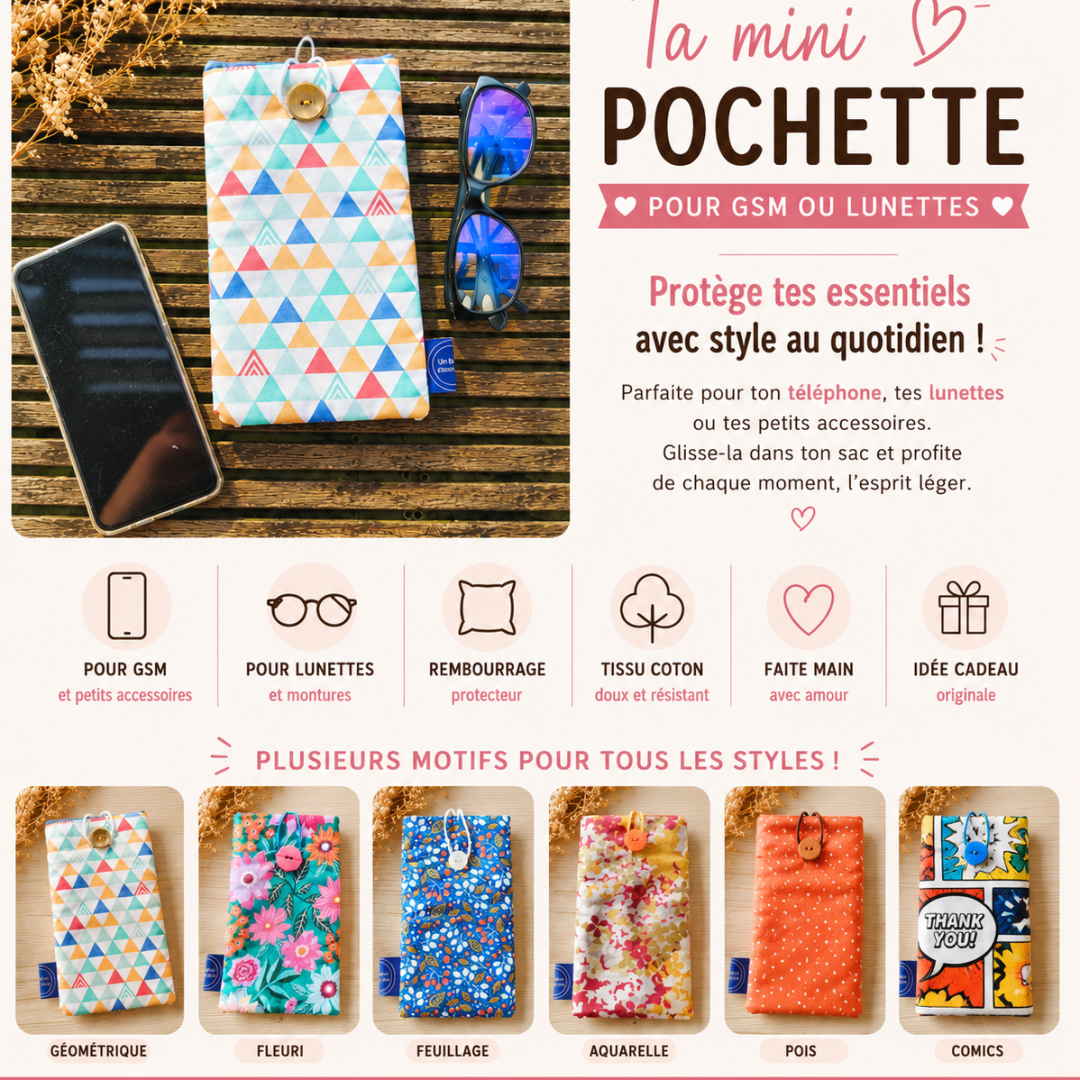 Collection de mini pochettes artisanales rembourrées pour téléphone portable et lunettes avec différents motifs colorés en tissu coton fait main.