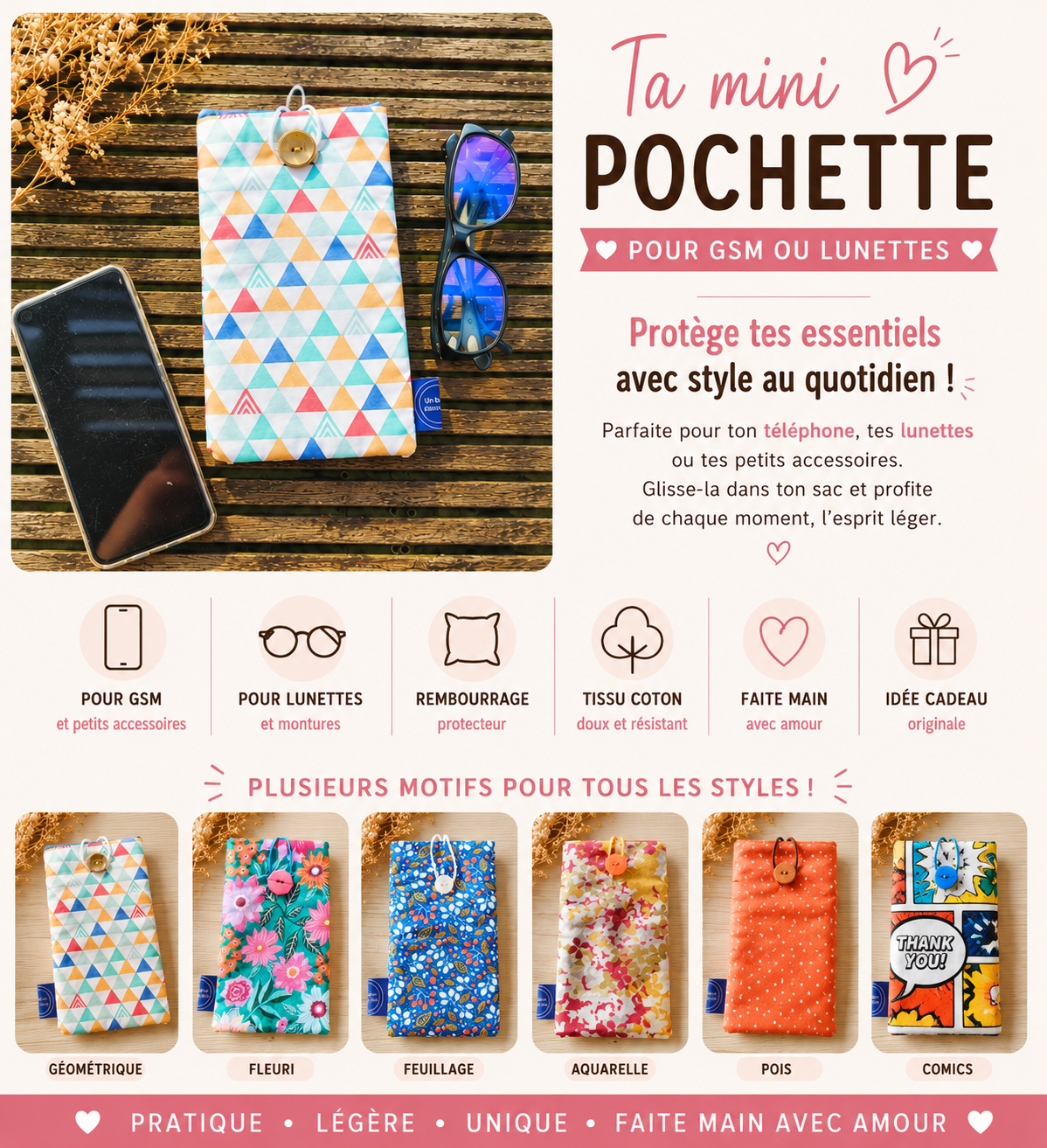 Collection de mini pochettes artisanales rembourrées pour téléphone portable et lunettes avec différents motifs colorés en tissu coton fait main.