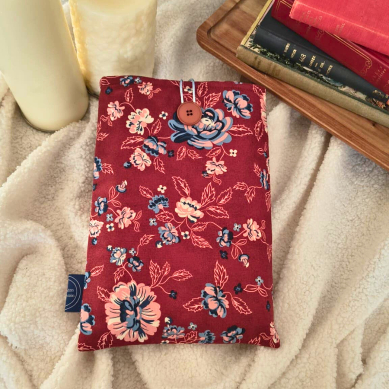 Pochette de livre bordeaux à grandes fleurs type pivoine, accessoire de lecture pour lectrice, protection de roman