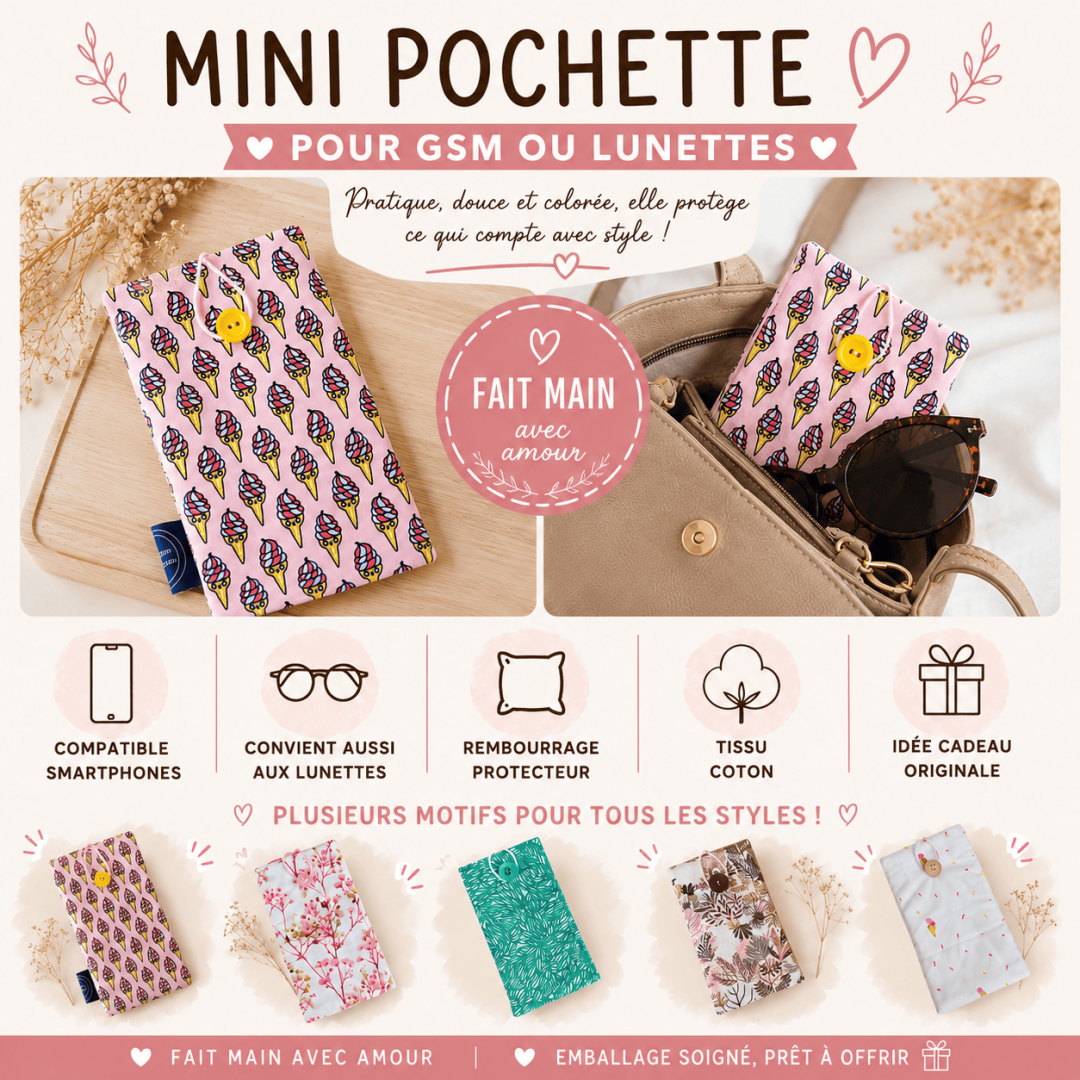 Collection de mini pochettes artisanales en tissu coton pour téléphone portable ou lunettes, avec différents motifs colorés et rembourrage protecteur.